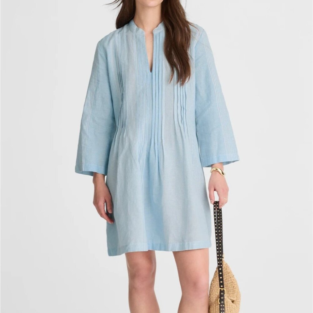 NWT Madewell Mini Shirt Dress XXS Pleated Splitneck Blue White Stripe Linen Chic